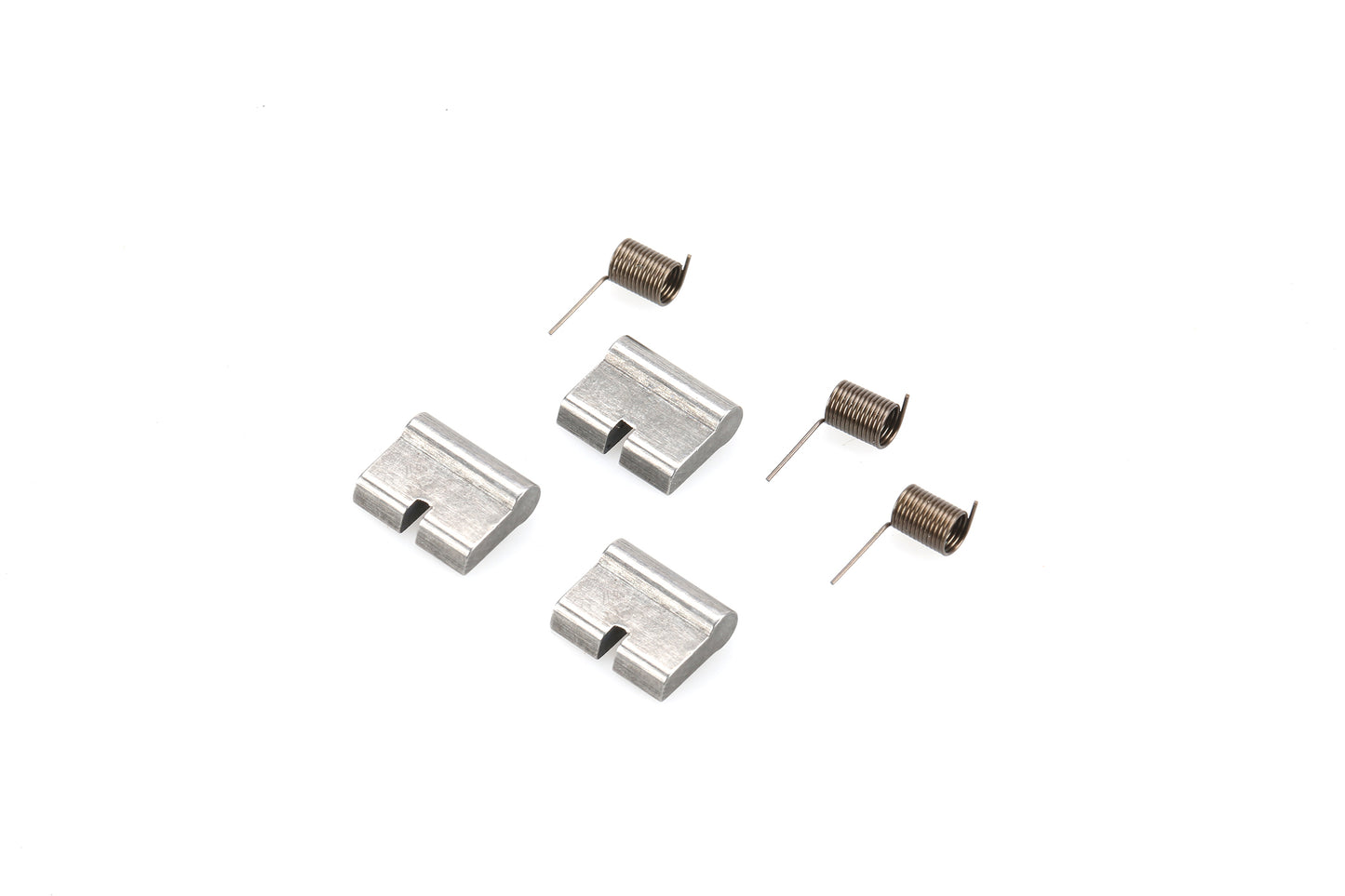 Four metallic pieces and three coiled springs, set against a white background, appear to be replacement parts for Premiums Planetary Hub Pawl/Spring.