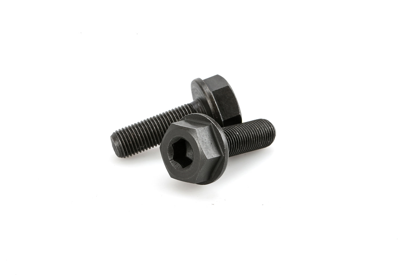 Two Premium black hex socket bolts are on a white background; one bolt lies horizontally, while the other is positioned diagonally, showing its head and hexagonal socket detail.