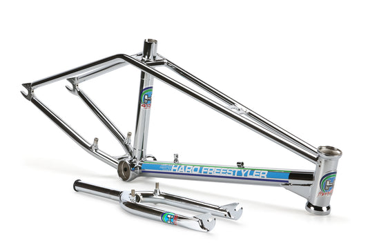 Lineage Freestyler Frameset: chrome chromoly BMX frame and fork, blue, green & white accents on a white background.