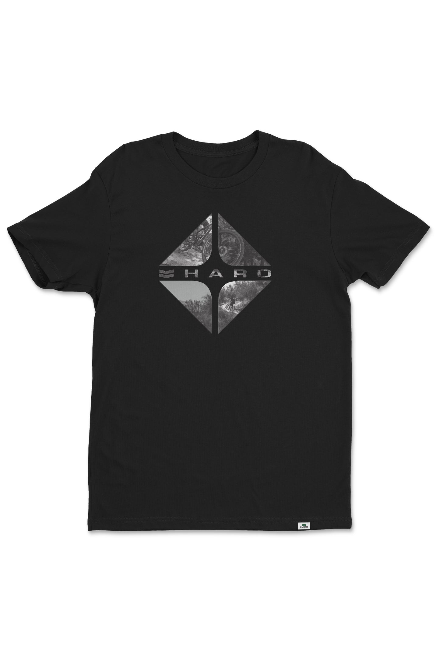The Haro MTB Up Down Shirt by Haro Bikes is a black tee with a central diamond-shaped graphic featuring the word HARD and abstract imagery.