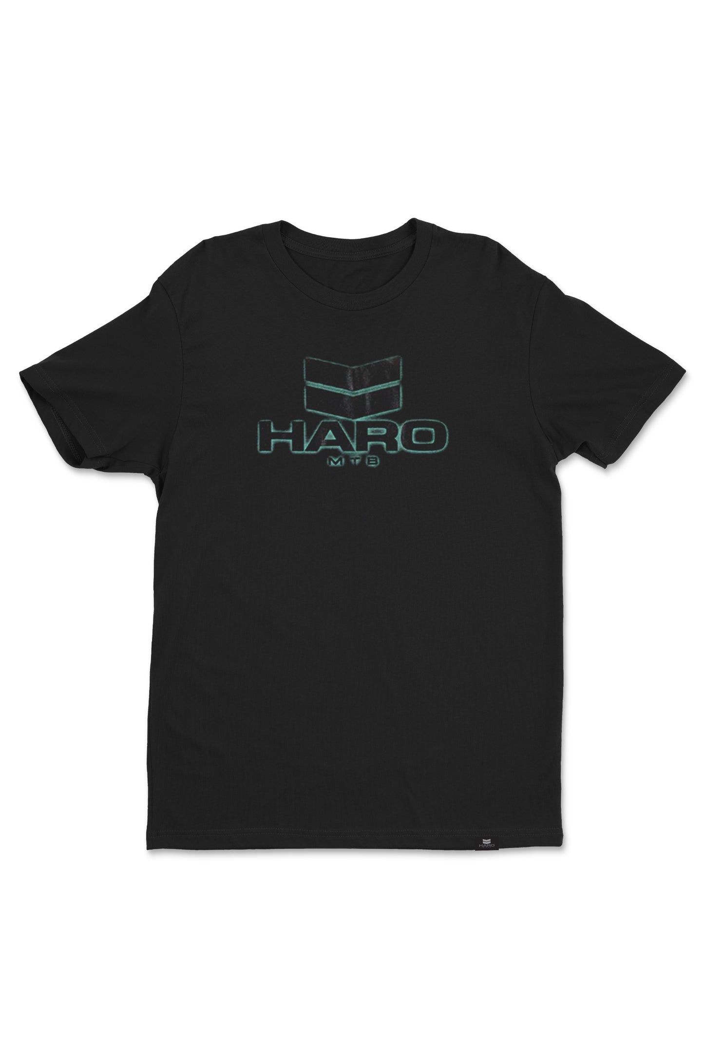 Haro Bikes Haro MTB Logo Glow Shirt is a black t-shirt with a turquoise geometric logo and HARO MTB text on the front.