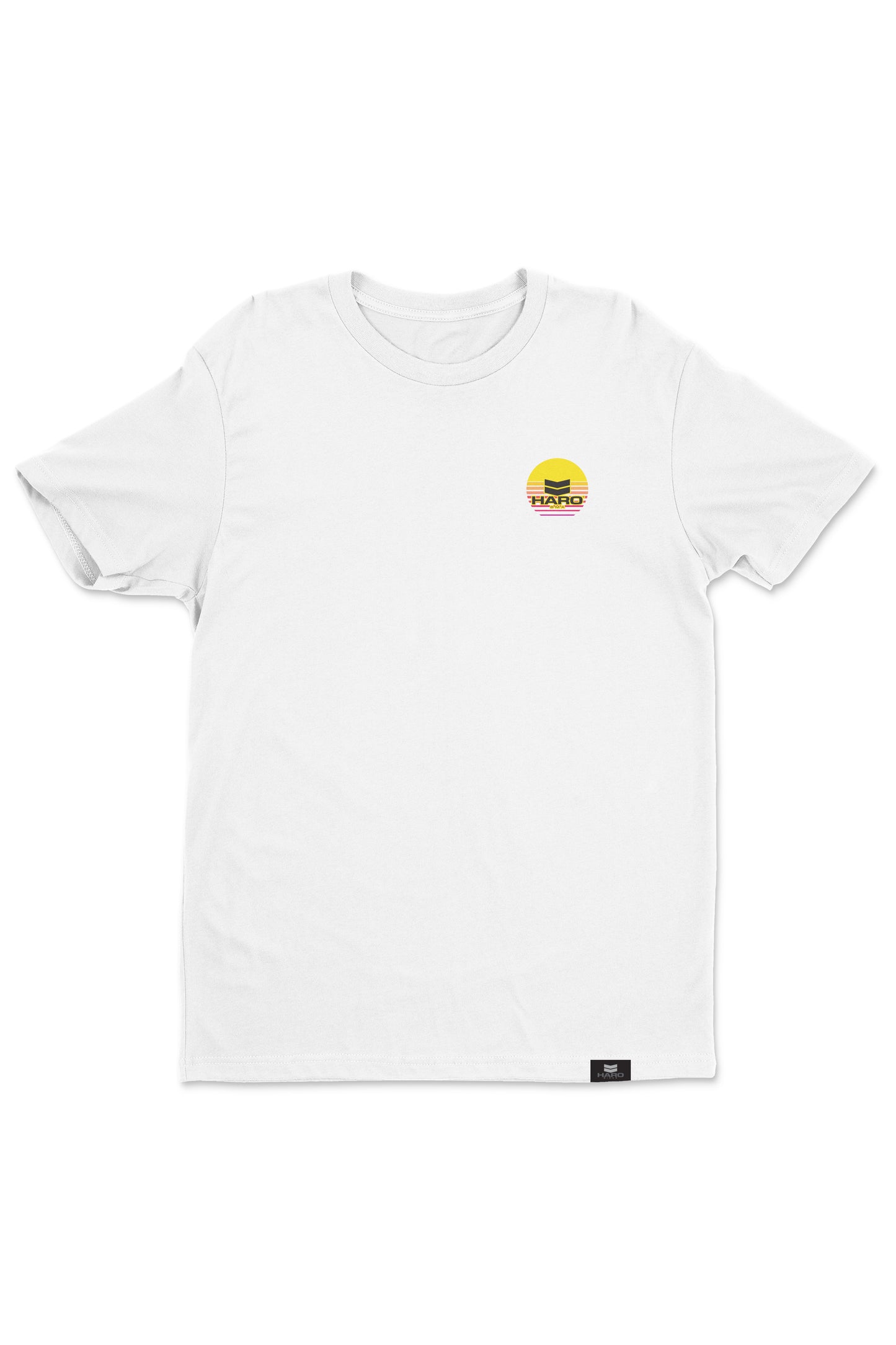 The Haro Sunset Shirt by Haro Bikes is a white T-shirt showcasing a small graphic of a yellow sunrise with a red rectangle on the upper left chest and features a small black label on the bottom hem.