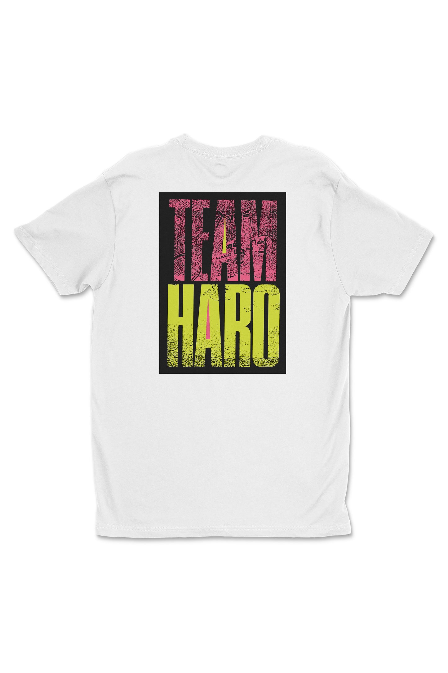 The Team Haro Shirt by Haro Bikes features a white T-shirt with a large rectangular graphic on the back. TEAM is in bold pink letters, while HARO is in yellow, both set against a black background—ideal for Team Haro enthusiasts.