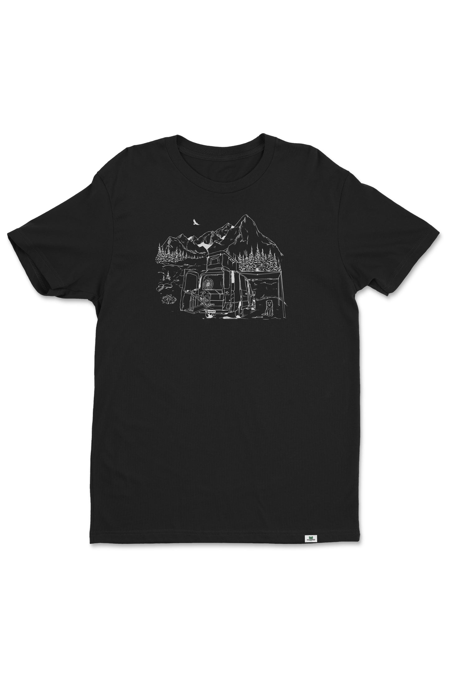 The Haro MTB Van shirt by Haro Bikes is a black T-shirt that showcases a white line drawing of a van with a roof rack, surrounded by trees, mountains, and birds in the sky.