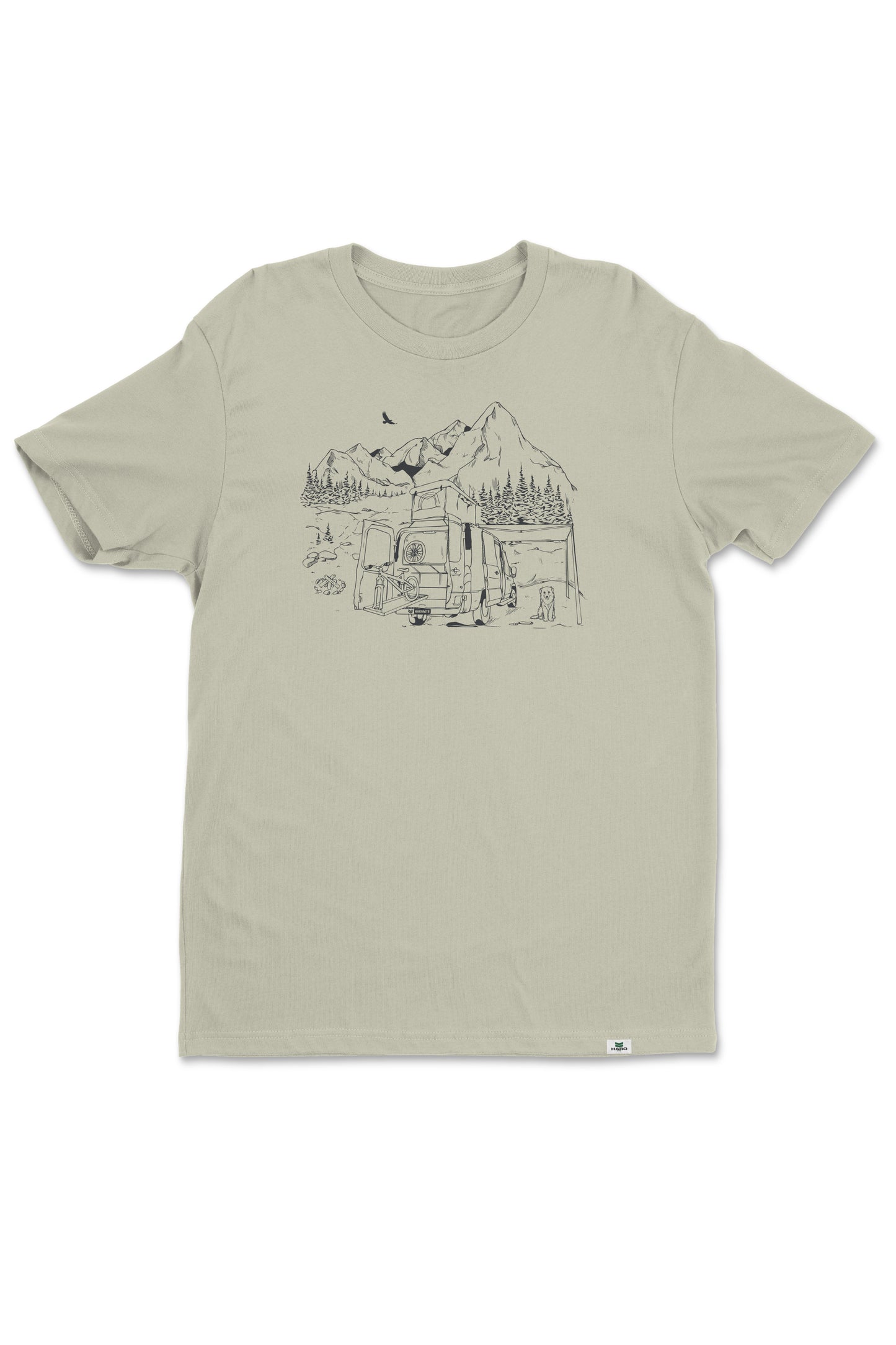 The Haro MTB Van shirt by Haro Bikes is a beige T-shirt showcasing a line drawing of a camping scene with a van, mountains, trees, campfire, person, and bird flying above.