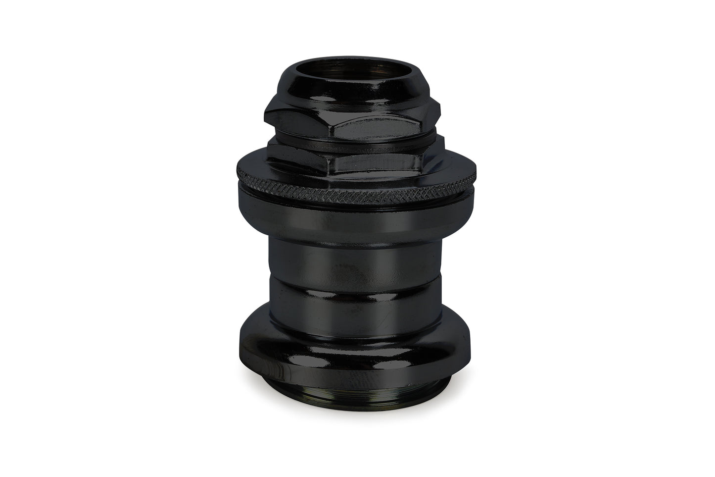 The Haro Bikes Vintage 1 Headset features a glossy black, cylindrical design with a threaded middle and hexagonal top, resembling a vintage connector. Its metallic finish is ideal for plumbing or engineering tasks.