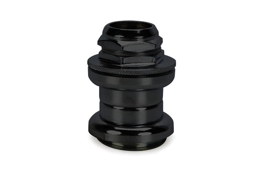 The Haro Bikes Vintage 1 Headset features a glossy black, cylindrical design with a threaded middle and hexagonal top, resembling a vintage connector. Its metallic finish is ideal for plumbing or engineering tasks.