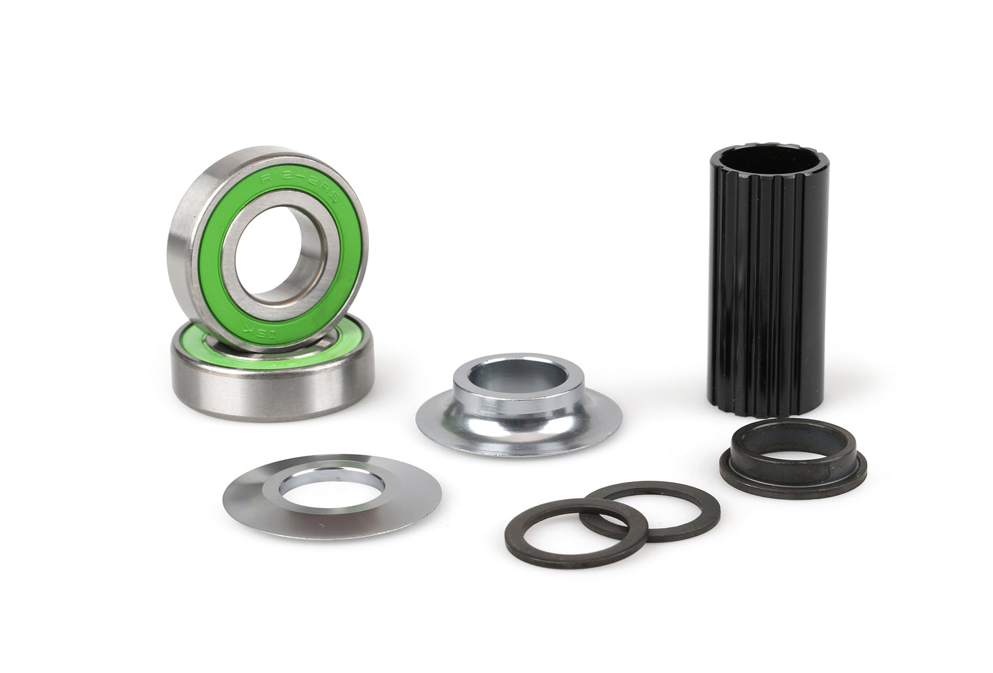 The mechanical parts include two green-sealed 19mm BB bearings by Haro Bikes, a black cylindrical component, and several metal washers and rings, arranged meticulously on a white background.