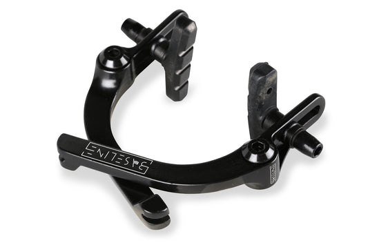 Black metal Baseline brake caliper with a sleek design, adjustable arms, and anti-wobble mounting holes. Features ENTESYS branding in white text. Resembles Haro Bikes Baseline brake on a white background.