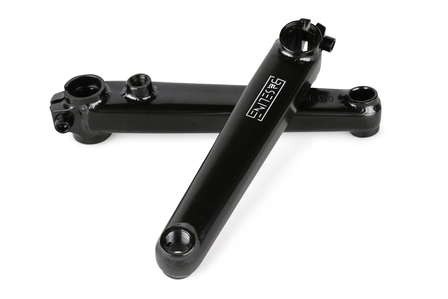 Two black Baseline Cranks by Haro Bikes, with a pedal-friendly square to round design, are crossed against each other on a white background. Each crank arm has a circular hole and features SUNDAY printed on the side.