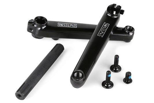 A black Baseline Cranks set from Haro Bikes features two pedal-compatible crank arms with a 19mm spindle and four bolts, showcased on a white background. The square to round designed arms have Baseline printed in white.