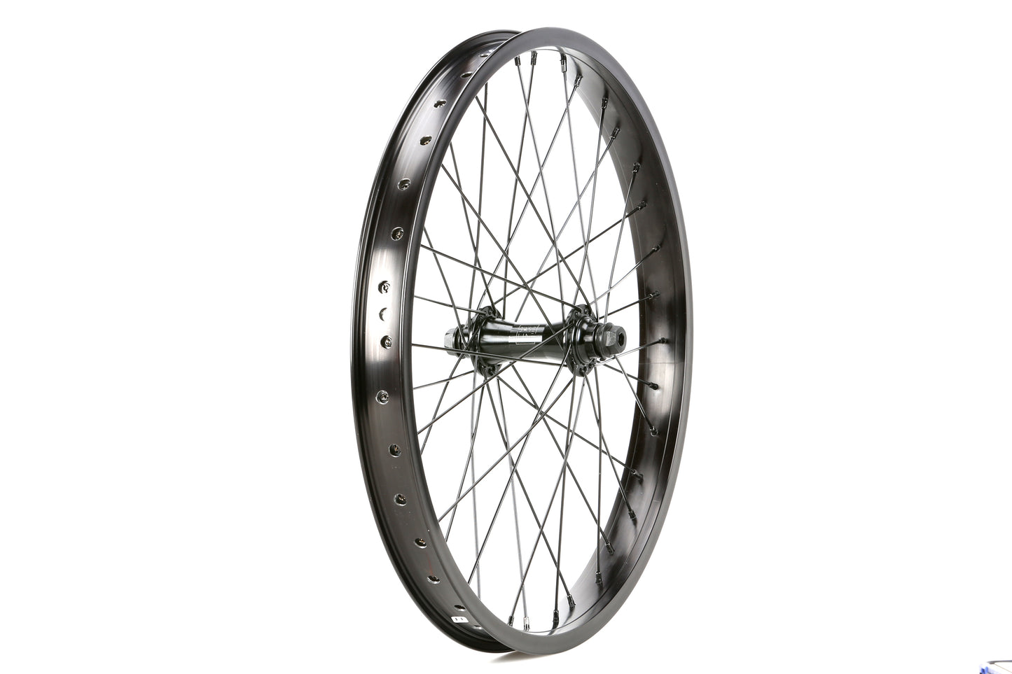 The Baseline Front Wheel by Haro Bikes is a metal bicycle wheel with a double-wall alloy rim and a sealed bearing front hub, shown vertically against a white background.