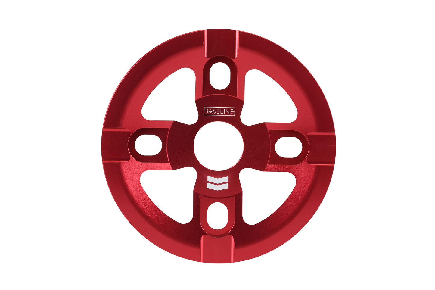 The Baseline Guard Sprocket by Haro Bikes is a red circular weight plate made from durable 6061 CNC Aluminum, featuring four large holes and a central logo resembling two downward-pointing arrows.