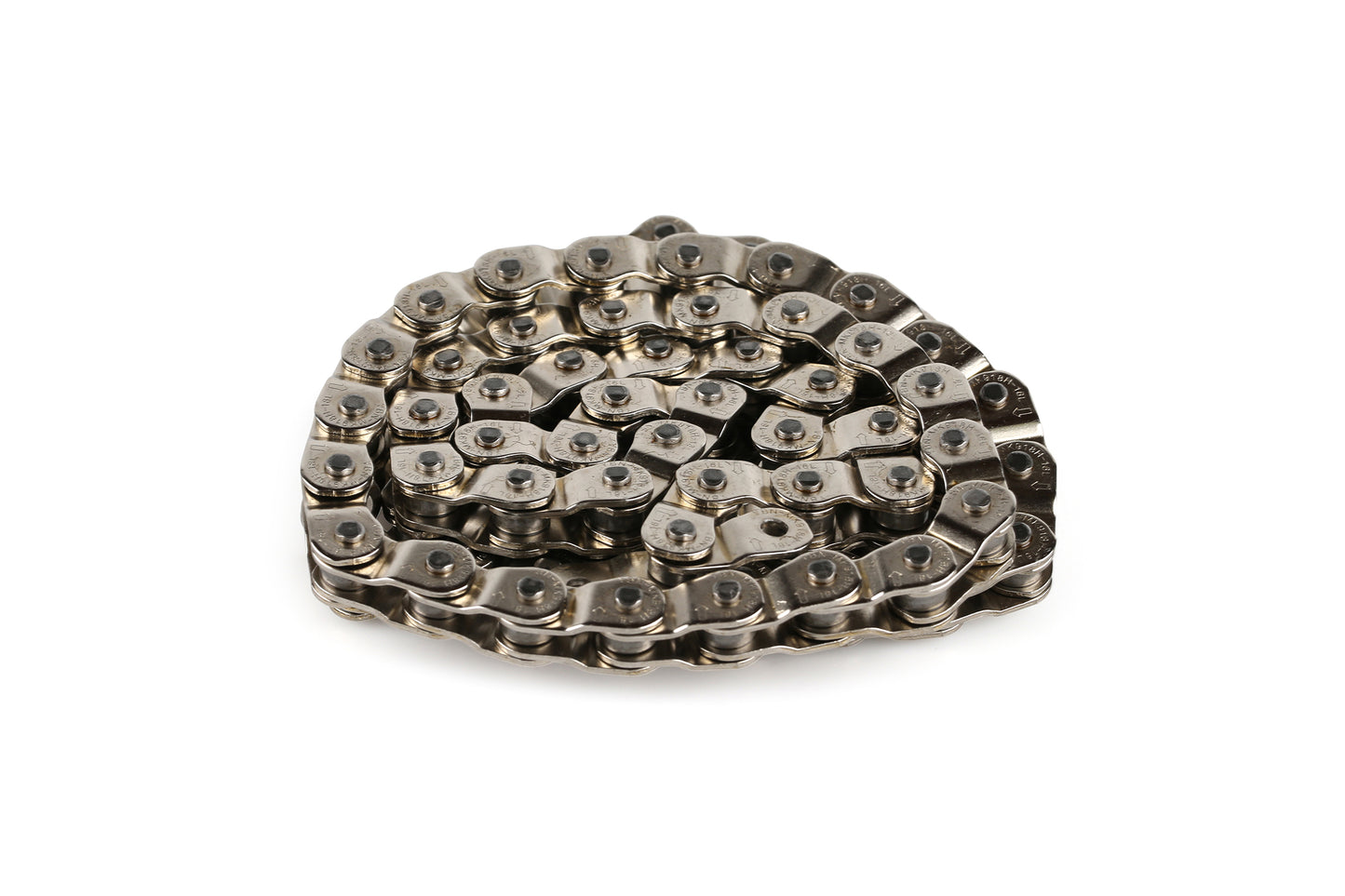 Close-up of a coiled Baseline Half Link Chain by Haro Bikes on a white background, highlighting its interconnected links and metallic texture.