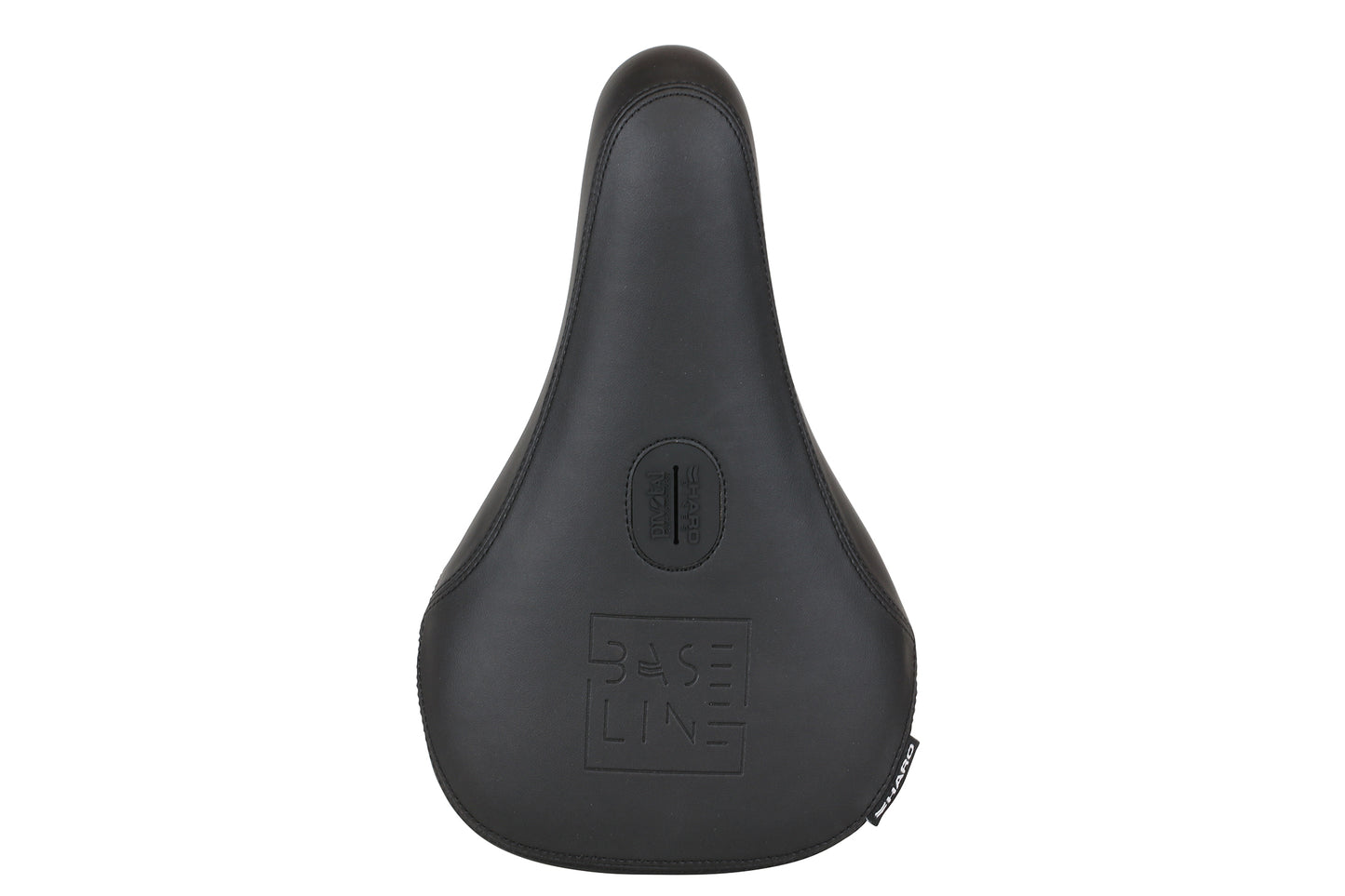 The Baseline Pivotal Seat by Haro Bikes is a black, rounded bicycle seat made from smooth PU leather with an embossed BASELINE logo. Its cushioned surface enhances comfort while seamlessly blending style and functionality.