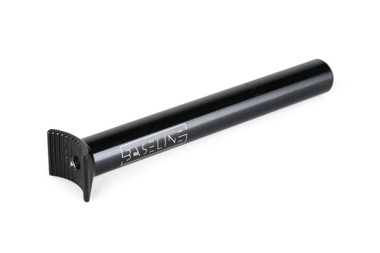 A black aluminum Haro Bikes Baseline Pivotal Seatpost measures 200mm, featuring Baseline printed in white. The cylindrical design includes a grooved cap and a secure bolt at the base, with a smooth, reflective surface.