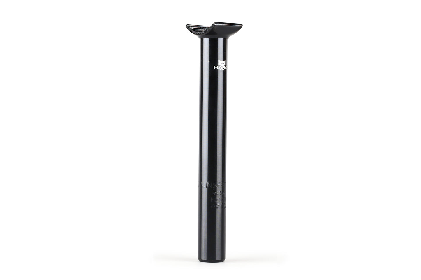 A Haro Bikes Baseline Pivotal Seatpost in black aluminum stands upright against a white background, showcasing its cylindrical design with a saddle clamp. Near the top of its 200mm length, a small stylized logo is visible.