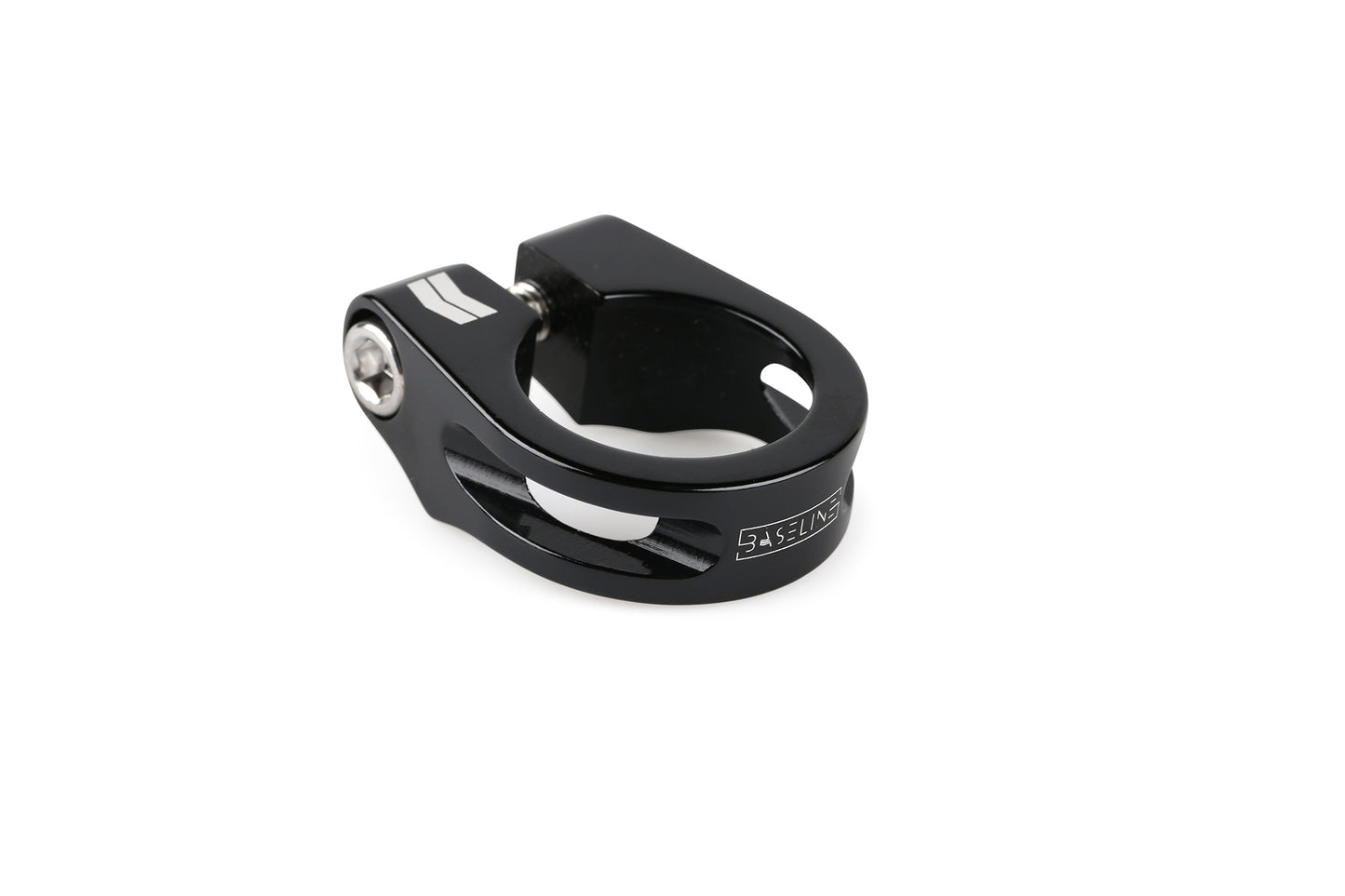 The Haro Bikes Baseline Seat Clamp is a black metal clamp with a side bolt, securing your bike seat post. It showcases a sleek minimalist design with cut-out details and an engraved logo, perfect for cyclists desiring lightweight and modern aesthetics.