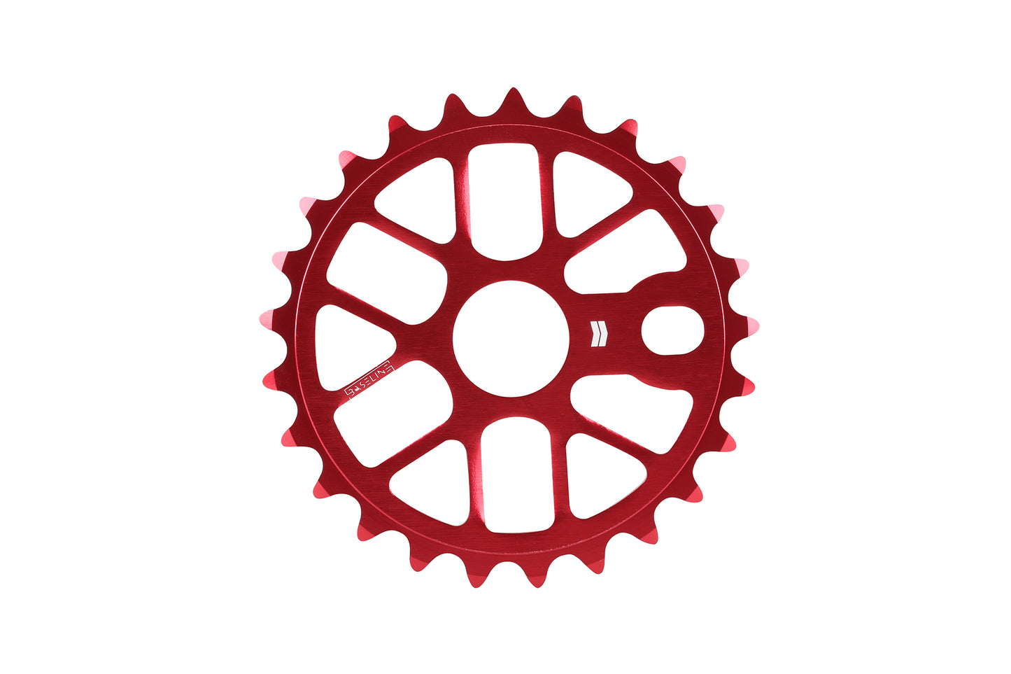 The Haro Bikes Baseline Sprocket is a red aluminum sprocket with evenly spaced teeth and a unique cutout design for optimal weight savings, featuring one hole for attachment. The bike component is showcased against a white background.