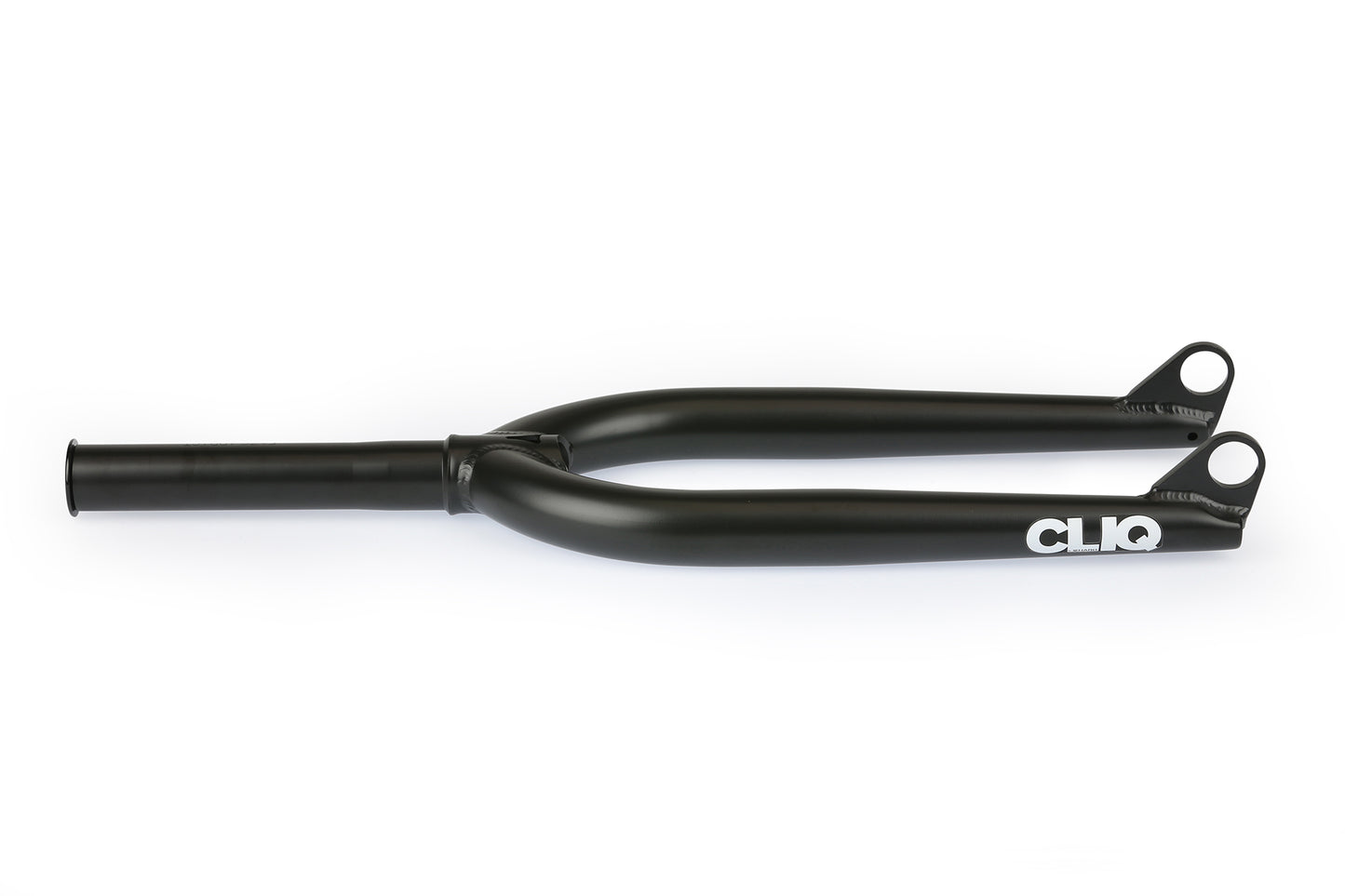 The Haro Bikes Cliq Addict Fork is a black 4130 chromoly steel fork with a sleek design, featuring the CLIQ brand in white on one side. It has a CNC steerer tube and two elongated arms with 20mm thru axle dropouts for secure mounting.