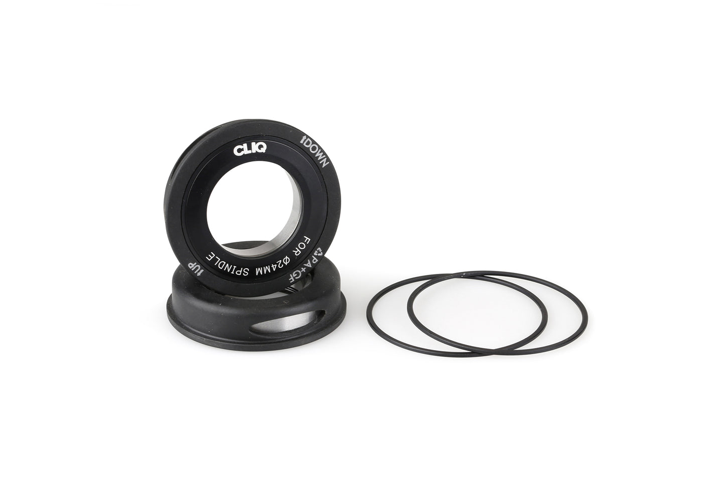 Black camera lens adapter with CLIQ text and three rings, similar to a Cliq BB92 Bottom Bracket, on a white background.
