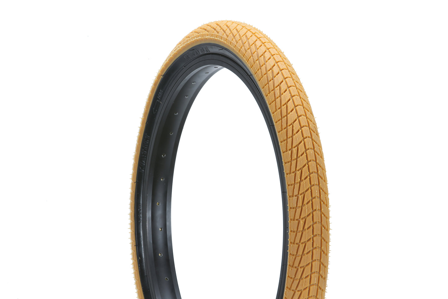 The Haro Bikes Downtown Tire Gum/Black, showcases a tan tread and black rim on a white background. With diamond-shaped patterns for excellent traction, this entry-level tire is perfect for bike parks and appears to be brand new.