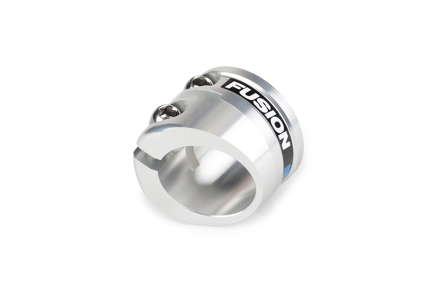 The Haro Bikes Fusion Twin Torque Seat Clamp is a silver metal cylindrical piece with two screws, labeled in black and white. It features a polished surface, perfect for securing seat posts, and its sleek design pops against a white background.