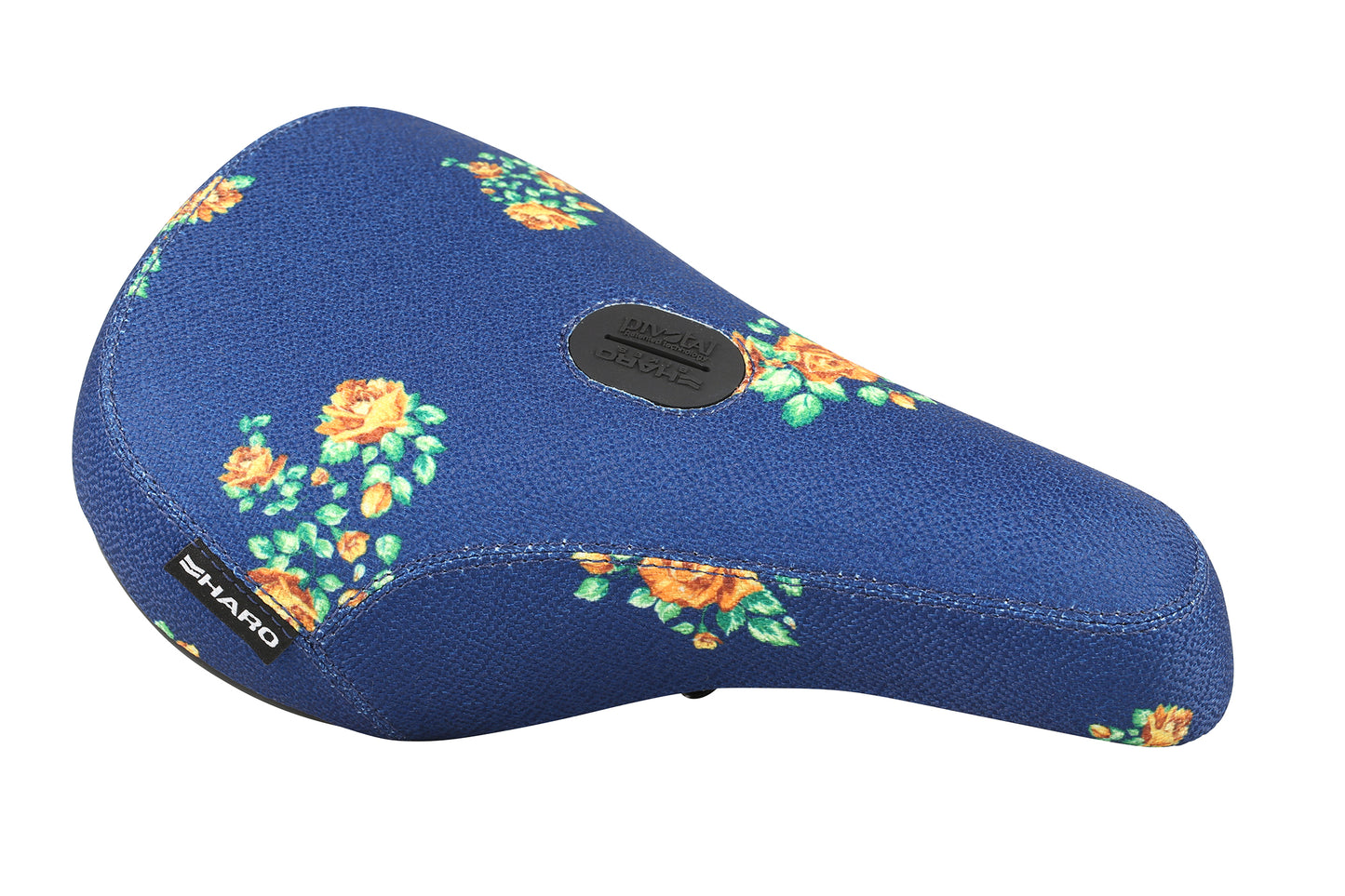 The Aloha Pivotal Seat by Haro Bikes is a blue bicycle seat featuring a floral pattern with orange and yellow flowers.