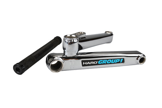 The Haro Bikes Lineage Group 1 Cranks, featuring chrome chromoly arms and a 48-splined spindle, display the signature Haro Group 1 in blue and white, complemented by black BMX handlebar grips on a white background for superior performance.