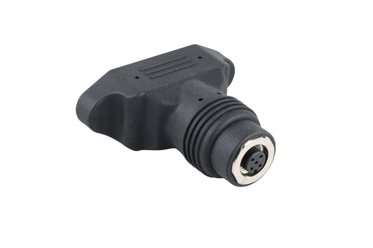 The Darfon Charging Adapter i/o by Haro Bikes is a black, L-shaped electrical connector with a metal ring and four pins in its circular opening, resembling an adapter. Its ribbed surface near the opening ensures a secure charge connection.