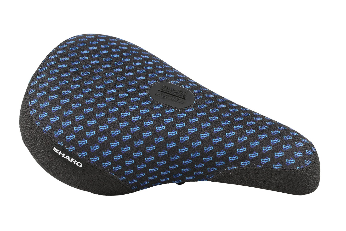 Close-up of La Bastille Pivotal Seat by Haro Bikes featuring an ergonomic black and blue pattern with a textured surface and brand logo for cycling comfort.