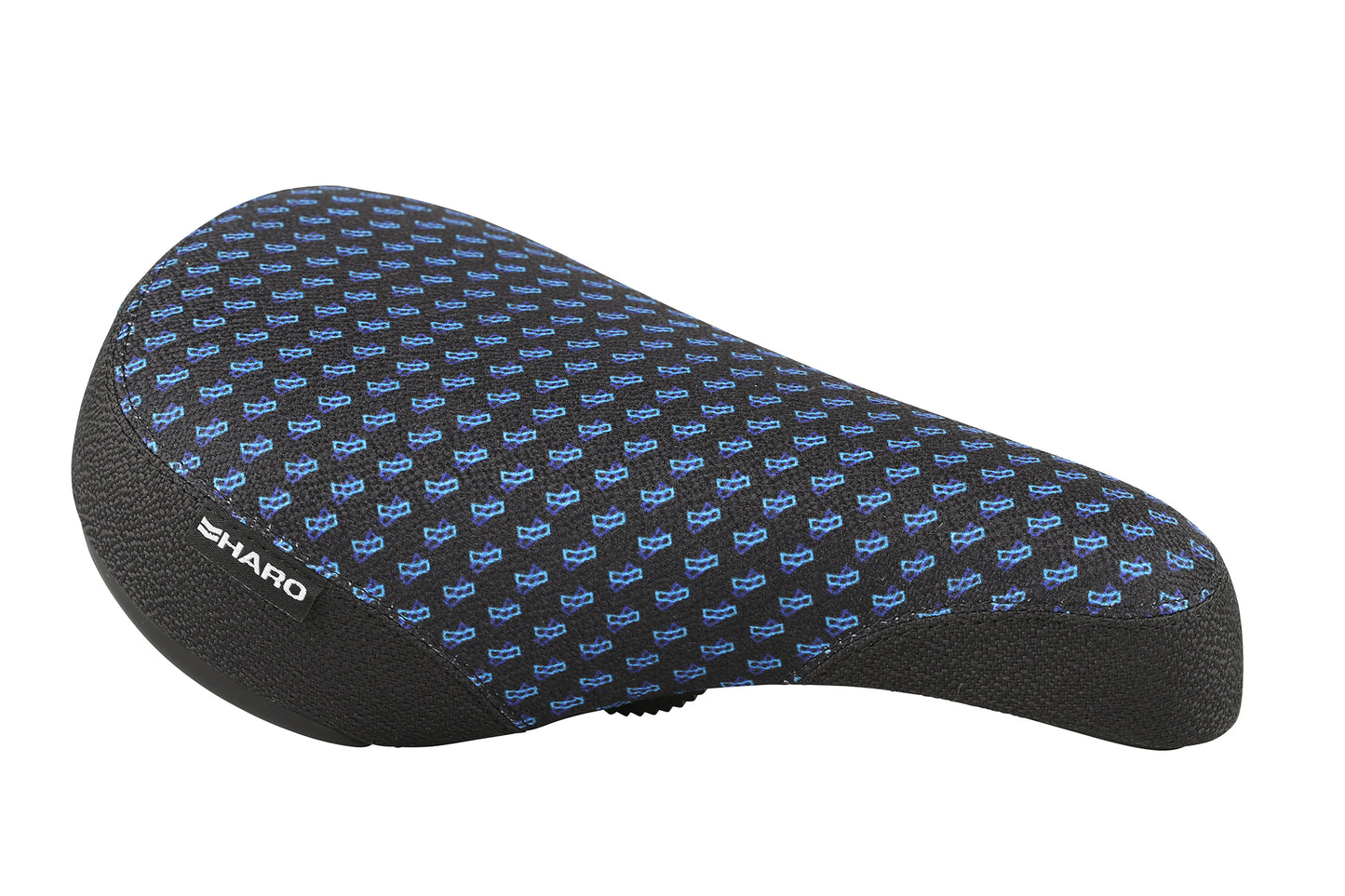 The La Bastille Stealth Seat by Haro Bikes is a black and blue bike seat with a patterned design featuring small blue cat faces on a black background, and HARO printed in white on the side.