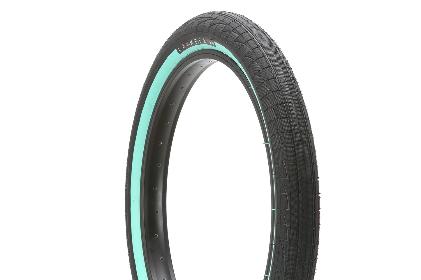 Introducing Haro Bikes La Mesa Tire: a stylish black bicycle tire featuring a turquoise sidewall stripe and integrated shock absorber. This durable tire is elegantly displayed against a white background, merging resilience with flair.