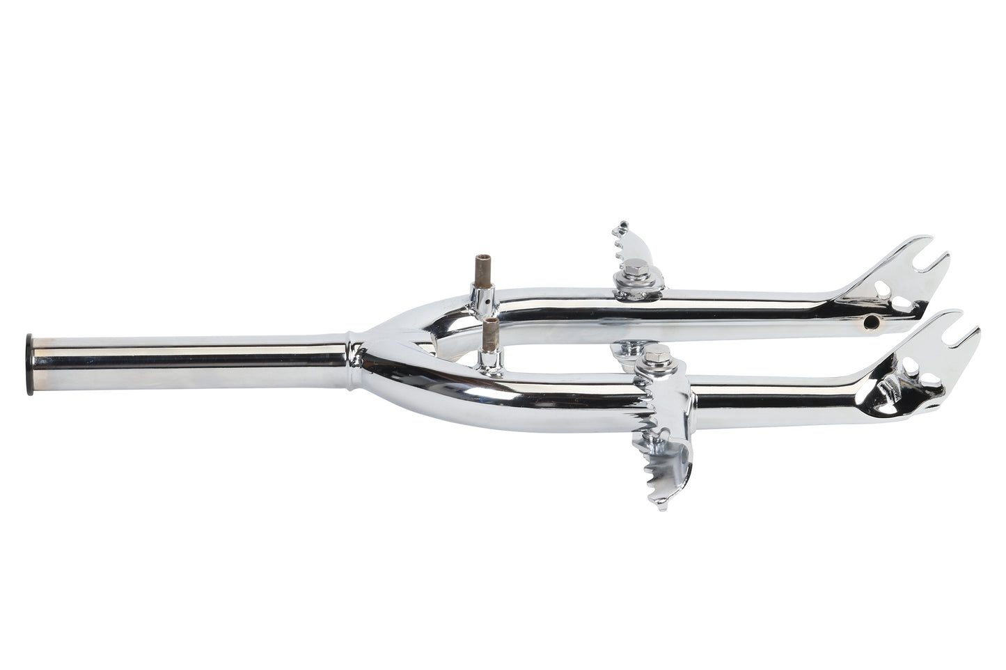 The Lineage Fork Folding Pegs by Haro Bikes feature a chrome-plated, chromoly steel frame with vintage-style forks designed for high-performance jumping. Its curved mounts and shiny, reflective surface enhance the streamlined, robust look.