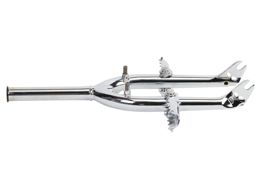 The Lineage Fork Folding Pegs by Haro Bikes feature a chrome-plated, chromoly steel frame with vintage-style forks designed for high-performance jumping. Its curved mounts and shiny, reflective surface enhance the streamlined, robust look.