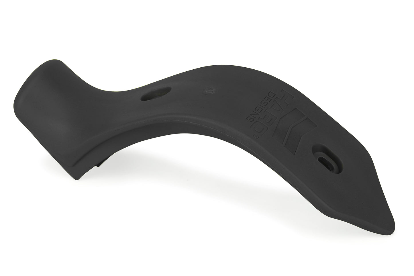 The Lineage Bashguard Plate by Haro Bikes, a black curved plastic piece with two holes and textured markings, is displayed against a white background.