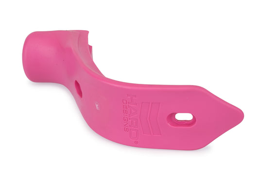 The Lineage Bashguard Plate by Haro Bikes is a pink plastic BMX handlebar pad with HARO DESIGNS engraved, made from durable nylon with an attachment hole, perfect for bikes.