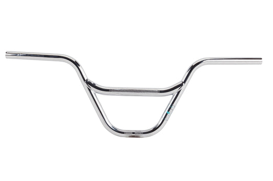 The Haro Bikes Lineage Freestyler Bar is a chrome BMX handlebar made from heat-treated chromoly, featuring a central crossbar and a sleek shiny finish—ideal for freestyle bars enthusiasts seeking both durability and style.