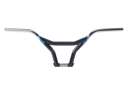 The Haro Bikes Lineage Kneesaver Bars are durable black and silver BMX handlebars with a unique structure and blue accents. They feature a central crossbar and angled grips, standing out beautifully against a white background.