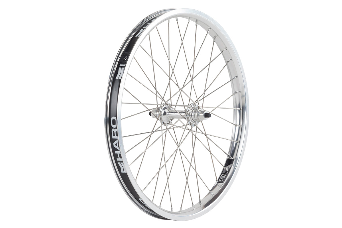 The Haro Bikes Sata Front Wheels display a silver bicycle wheel with a black proprietary rim shape, featuring multiple silver spokes and sealed alloy hubs. The brand name HARO is visible, and the image is isolated on a white background.