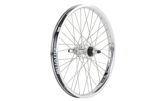 A Haro Bikes Sata Rear Wheel, silver with a proprietary rim shape and sealed alloy hubs, displays Haro on the rim and is upright against a white background.