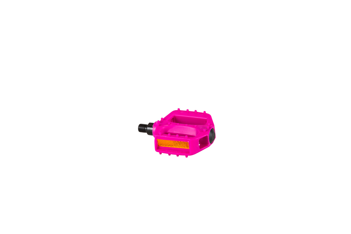 A vibrant pink pedal from Haro Bikes Shredder 12 - 16 series, featuring a black axle and yellow reflector, isolated on a white background.