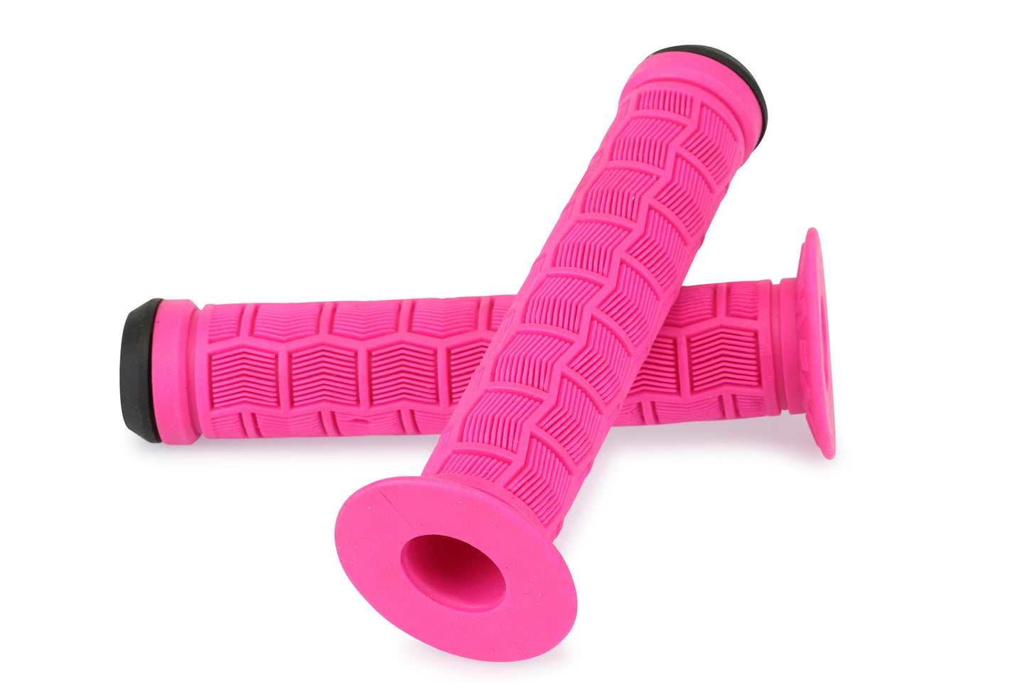 Two bright pink Haro Bikes Team Grip Flanged grips, 150mm wide each, are positioned together. Made from durable Krayton material, they feature black ends and a textured geometric pattern for enhanced grip.