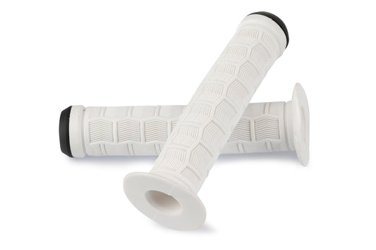 Two Haro Bikes Team Grip Flanged grips are crossed, showcasing a white textured geometric pattern. These 150mm wide grips have black circular end caps, adding style and comfort to your ride.