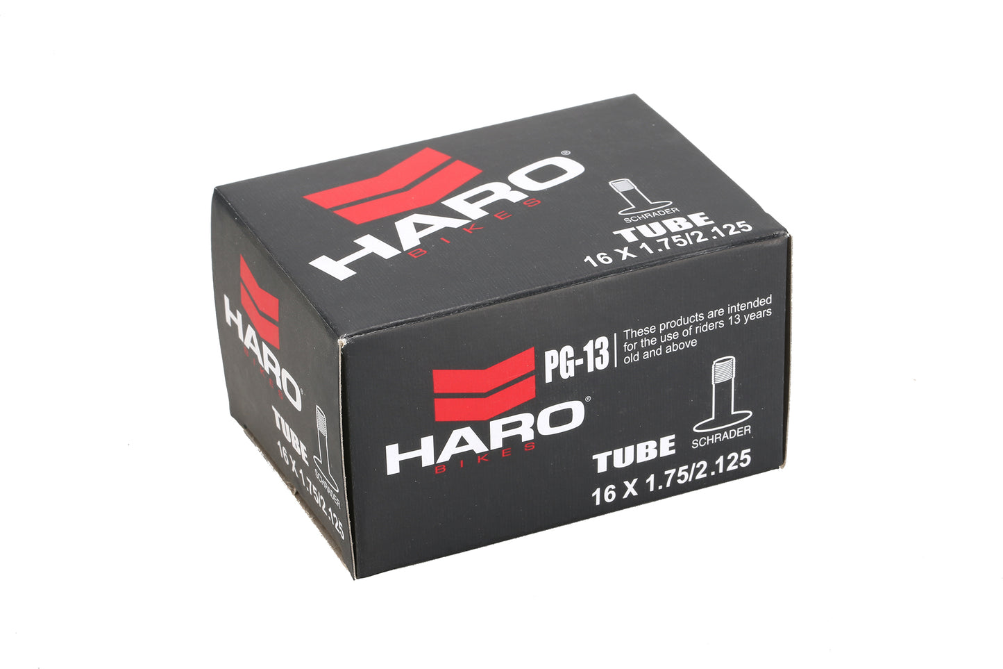 A black tube box with red and white branding from Haro Bikes, labeled 16 inch tube, includes details for a PG-13 Schrader valve tire tube, size 16 x 1.75/2.125 inches, with a safety note for riders aged 13 and older.