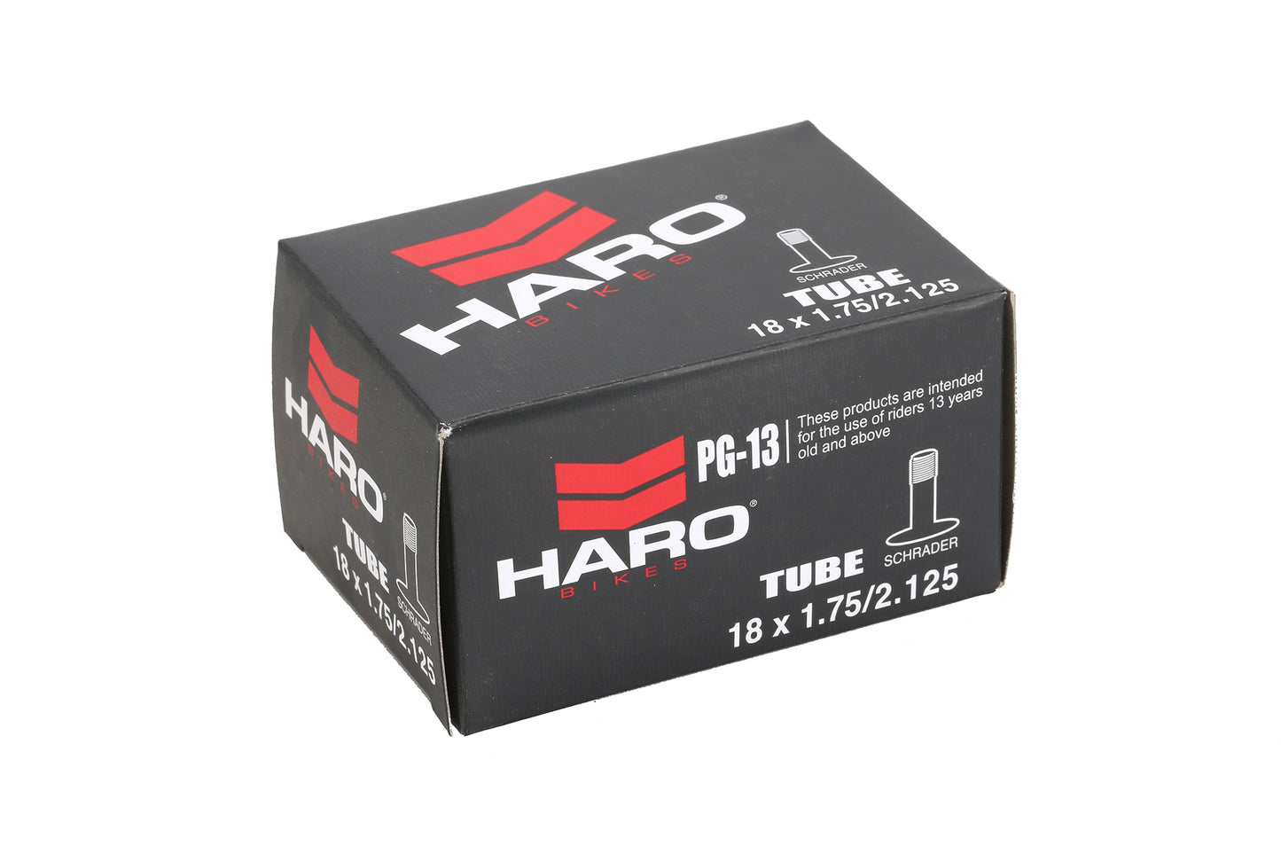 A black box labeled Haro Bikes features an 18 inch Schrader valve tire tube, with a size of 18 x 1.75-2.125, and displays a PG-13 rating next to an image of the durable valve.