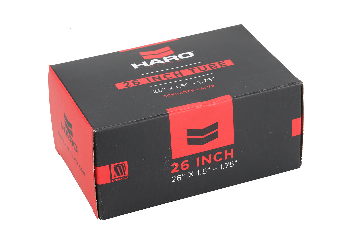 A black and red Haro Bikes box against a white background indicates its a 26-inch tube, detailing 26 x 1.5 - 1.75, with a Schrader valve, perfect for bike tires.