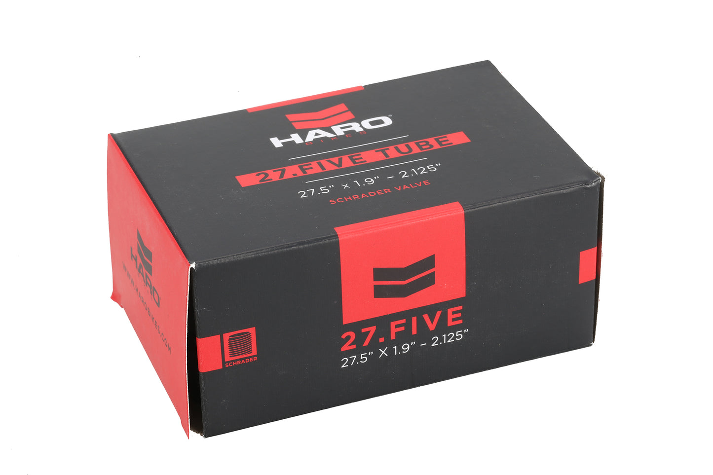 A black and red box labeled Haro Bikes contains a 27.5-inch bike tube with a Schrader valve, measuring 27.5 x 1.9 - 2.125.