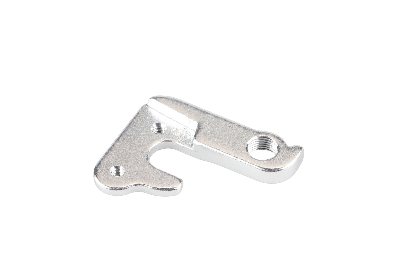 The Haro MTB Hanger 2020 Flightline, a silver metal derailleur hanger for 20/24/One/ST/27.5 models, is ideal as a replacement for 2020 models. It features one hole and one threaded hole, beautifully showcased on a white background.
