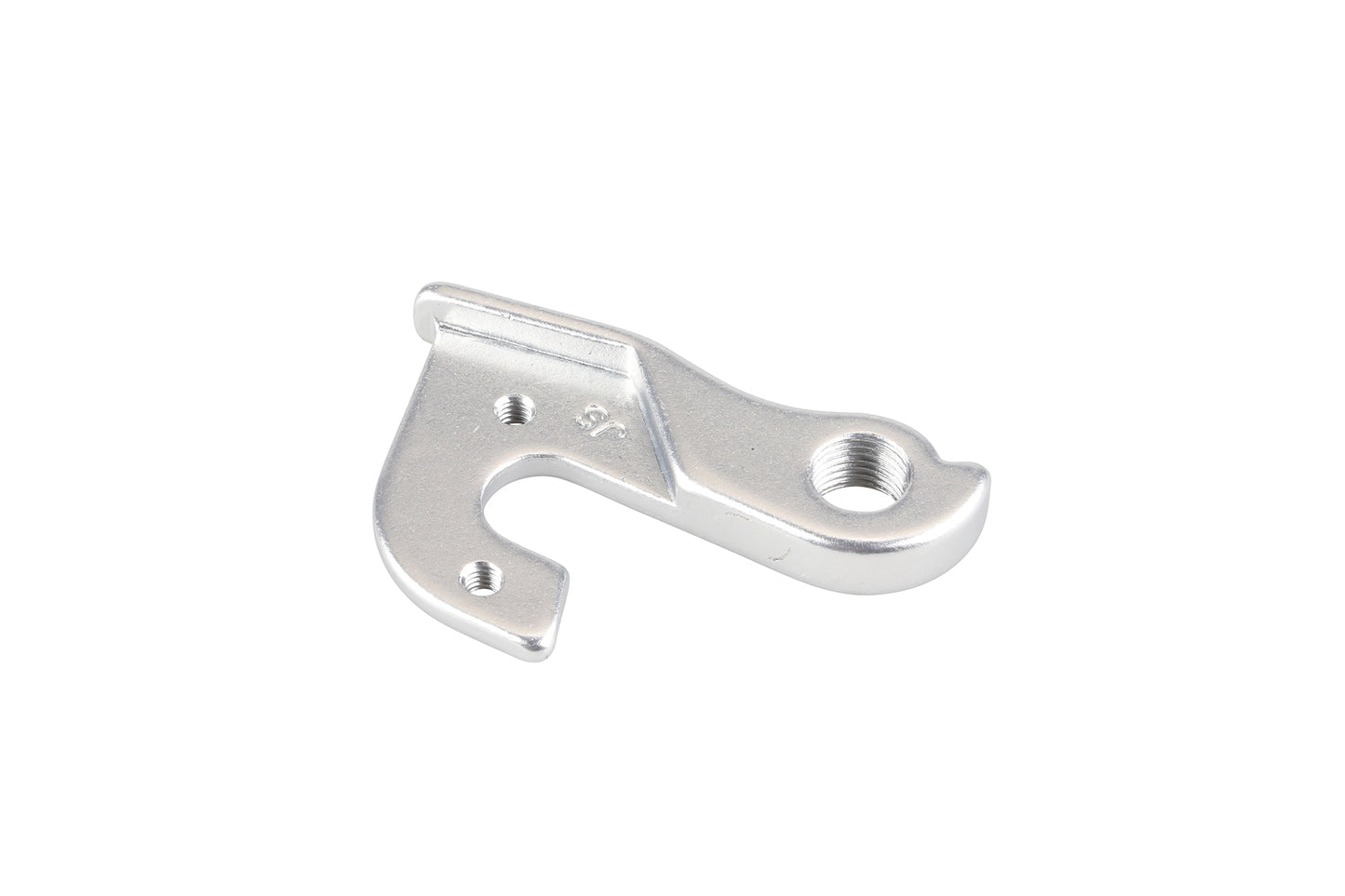 A Haro MTB silver metal derailleur hanger, with two screw holes and a hook-like shape, designed as a replacement for the Double Peak 27.5 (Flightline 27.5+ / Double Peak Trail+ Comp+), is shown on a white background.